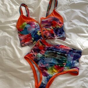 Vibrant Abstract Bikini Set with Zip-Up Top